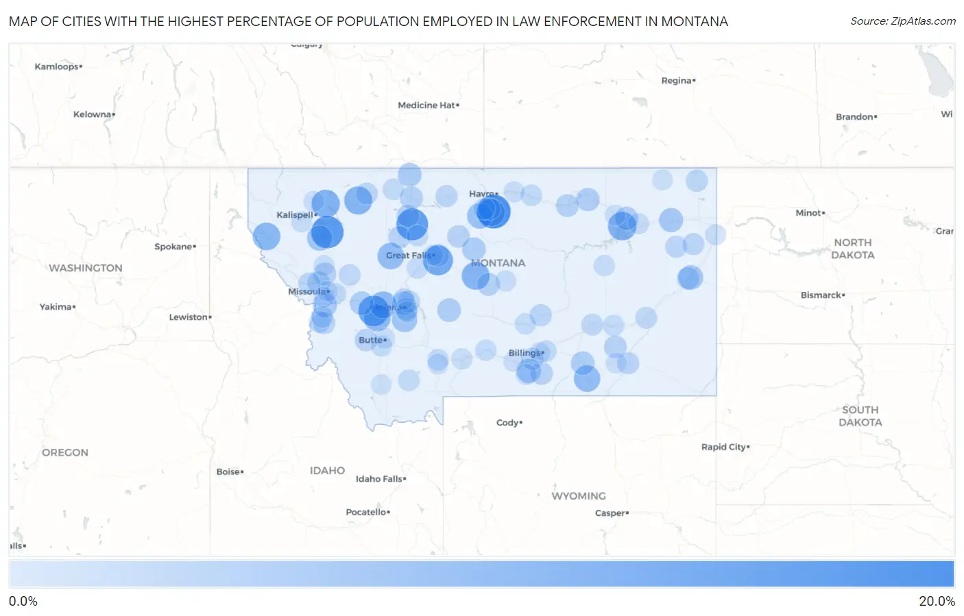 Cities with the Highest Percentage of Population Employed in Law Enforcement in Montana Map