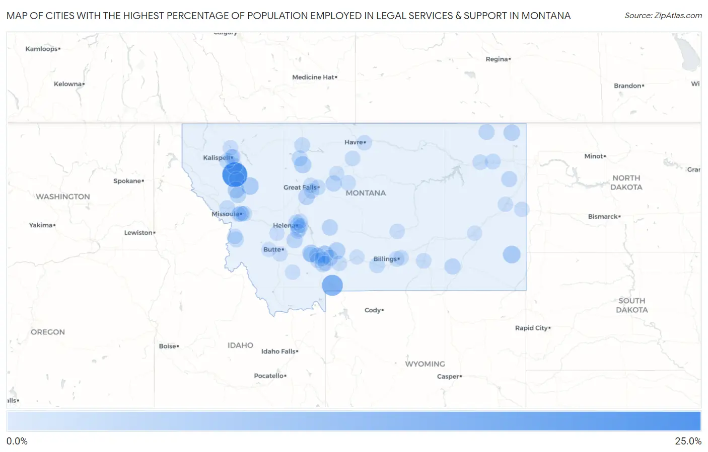 Cities with the Highest Percentage of Population Employed in Legal Services & Support in Montana Map