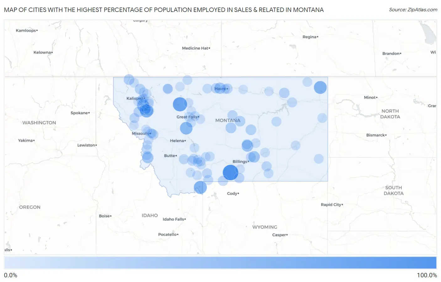 Cities with the Highest Percentage of Population Employed in Sales & Related in Montana Map