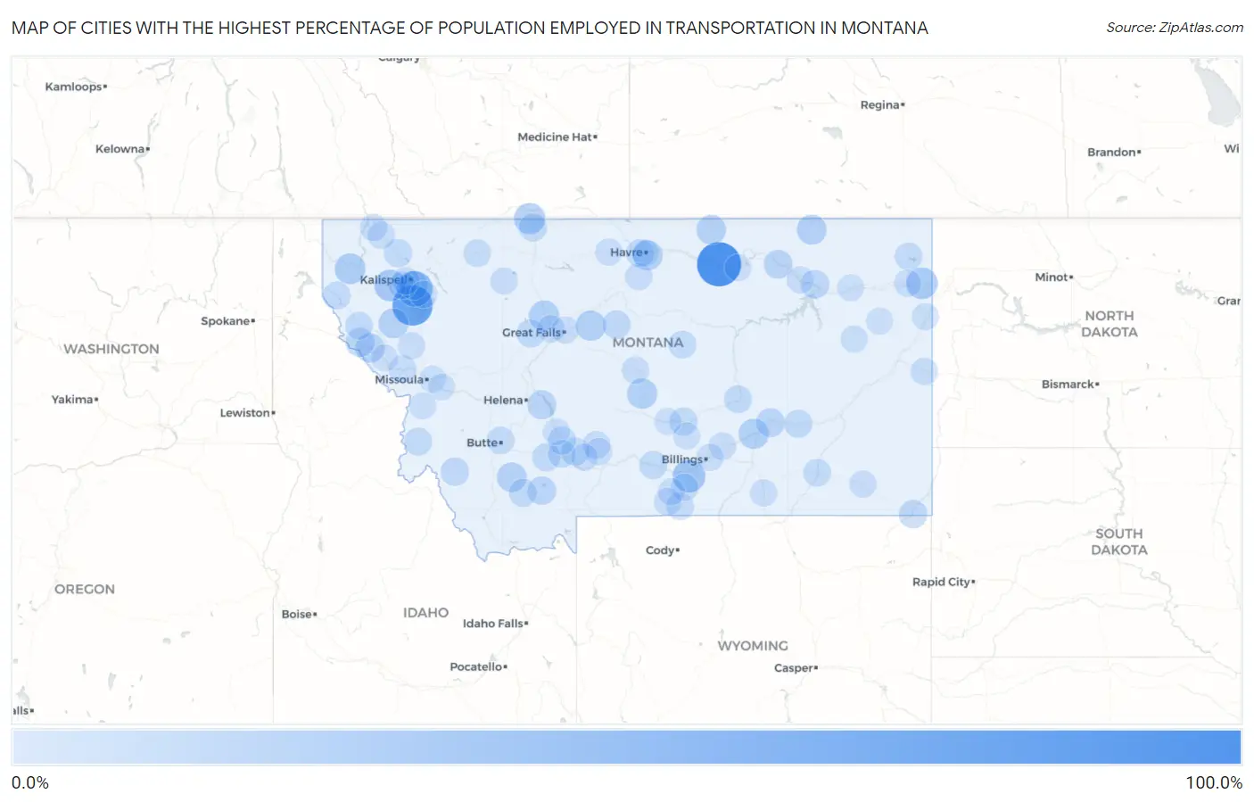 Cities with the Highest Percentage of Population Employed in Transportation in Montana Map
