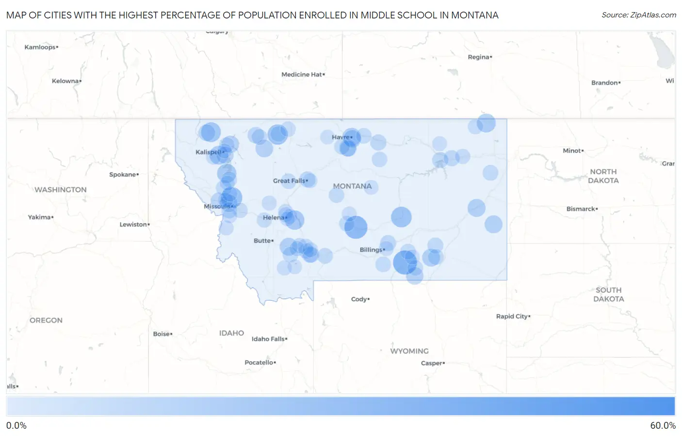 Cities with the Highest Percentage of Population Enrolled in Middle School in Montana Map