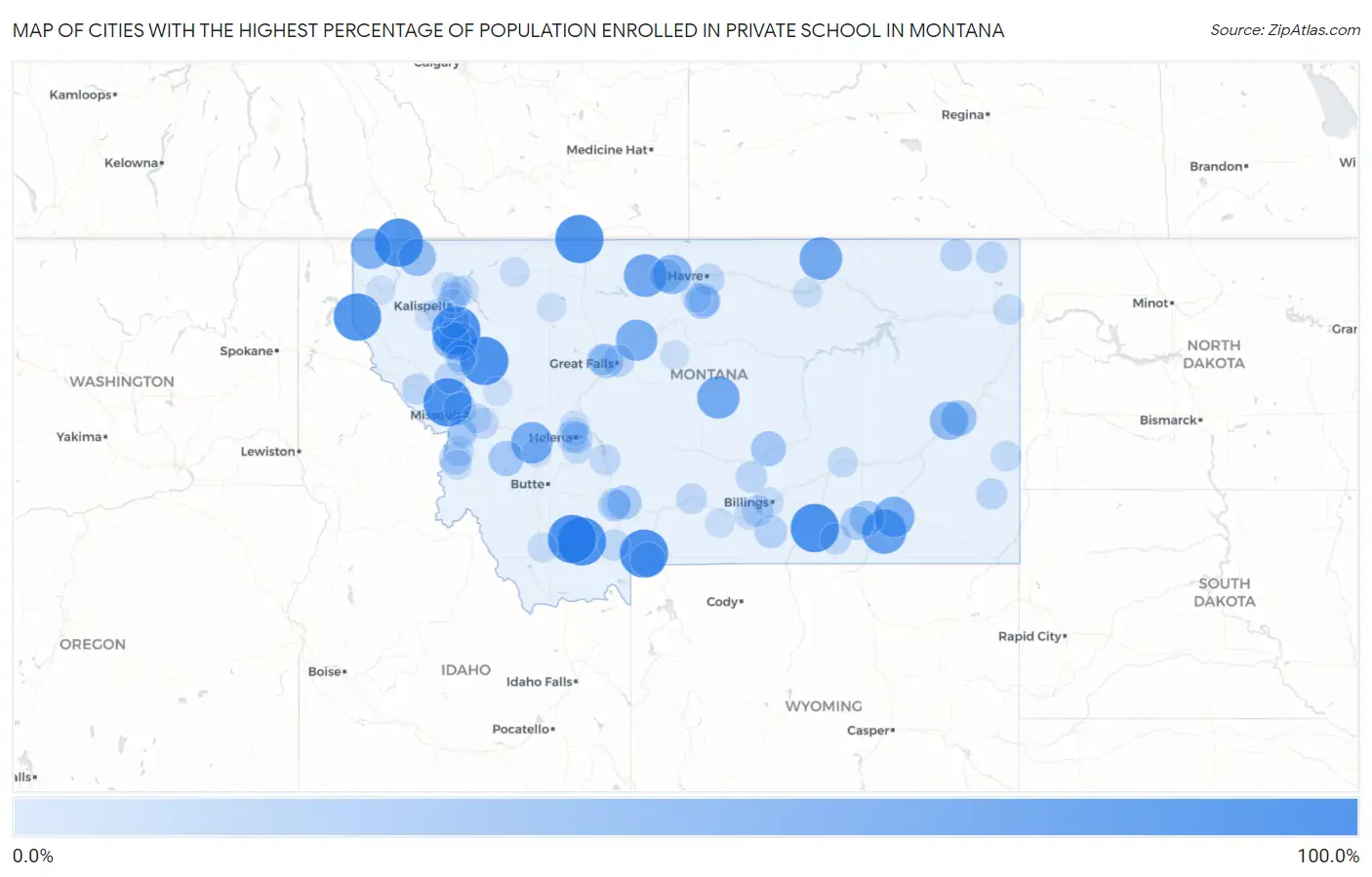 Cities with the Highest Percentage of Population Enrolled in Private School in Montana Map