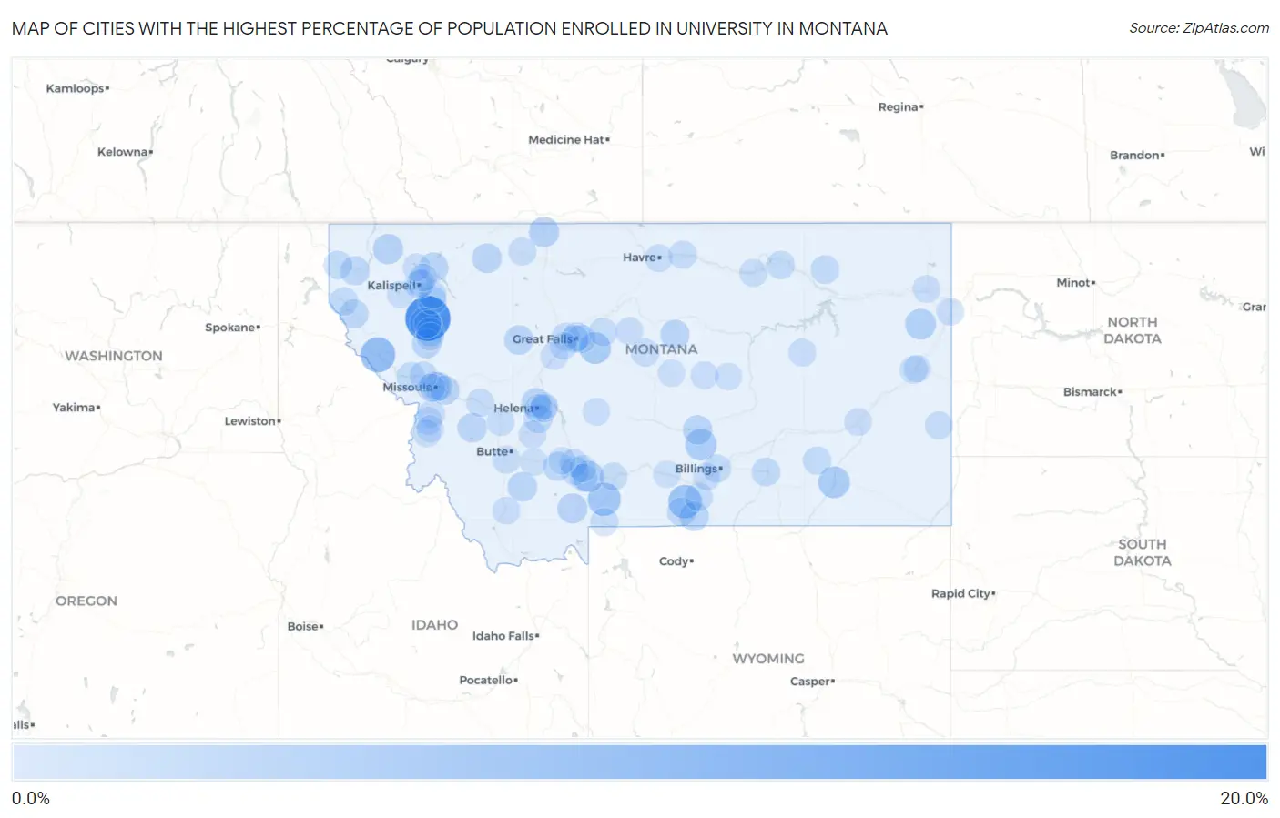 Cities with the Highest Percentage of Population Enrolled in University in Montana Map