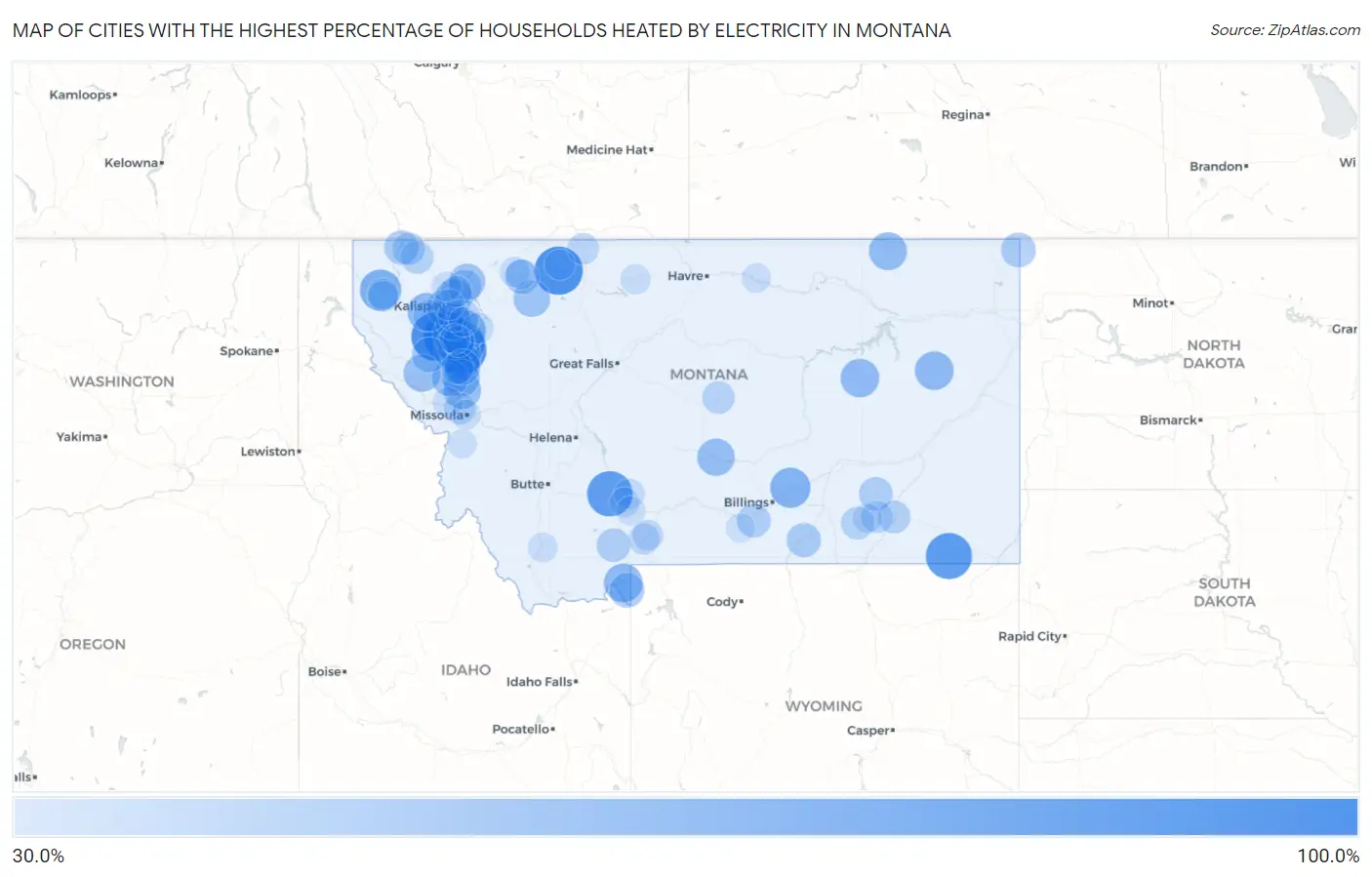 Cities with the Highest Percentage of Households Heated by Electricity in Montana Map