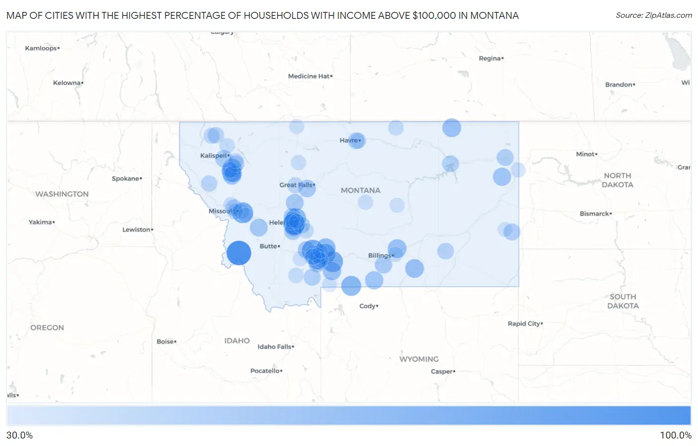 Cities with the Highest Percentage of Households with Income Above $100,000 in Montana Map