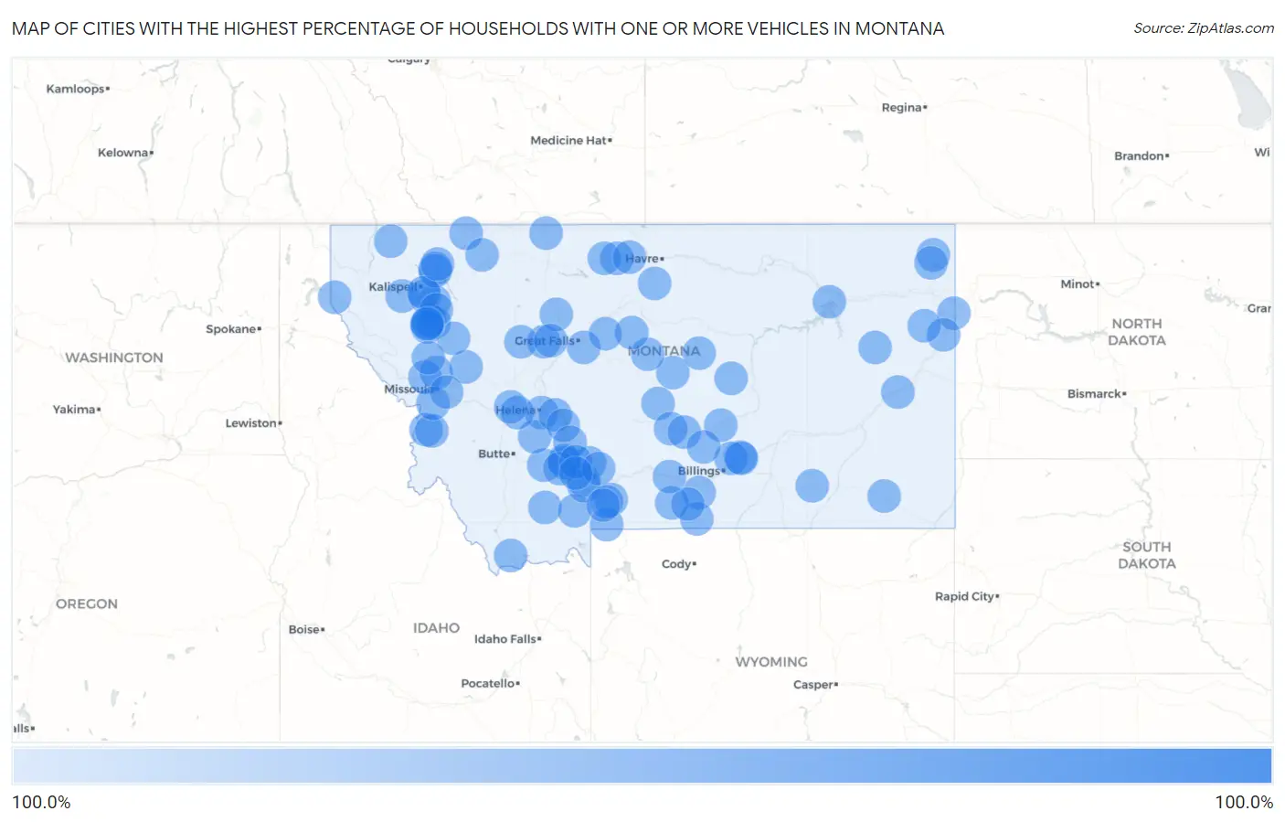 Cities with the Highest Percentage of Households With One or more Vehicles in Montana Map