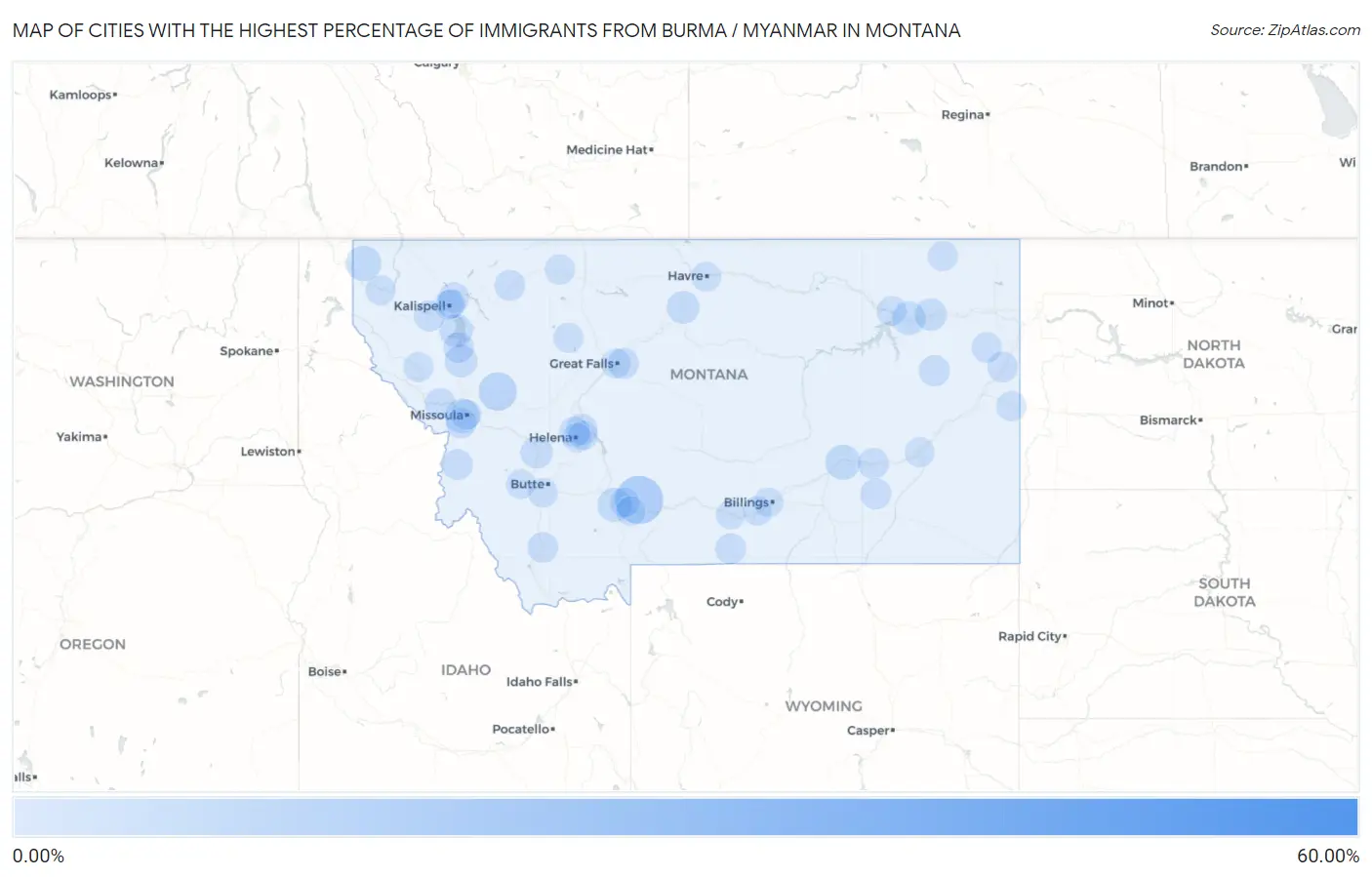 Cities with the Highest Percentage of Immigrants from Burma / Myanmar in Montana Map