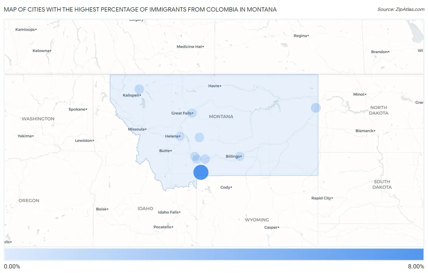 Cities with the Highest Percentage of Immigrants from Colombia in Montana Map