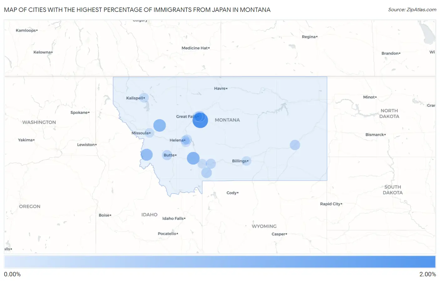 Cities with the Highest Percentage of Immigrants from Japan in Montana Map