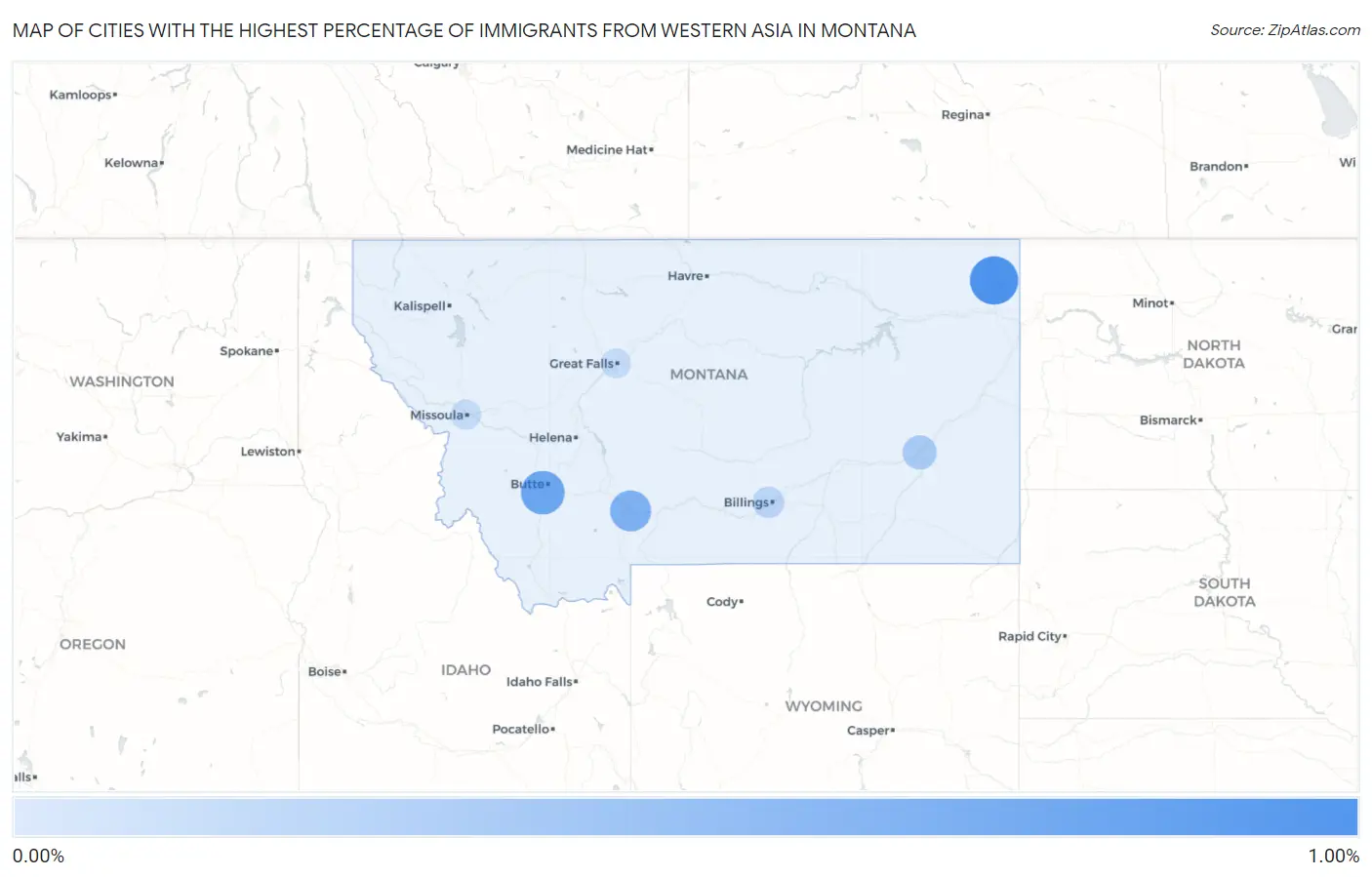 Cities with the Highest Percentage of Immigrants from Western Asia in Montana Map