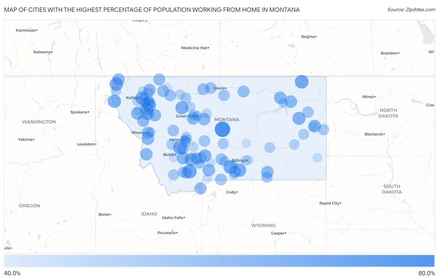 Cities with the Highest Percentage of Population Working from Home in Montana Map