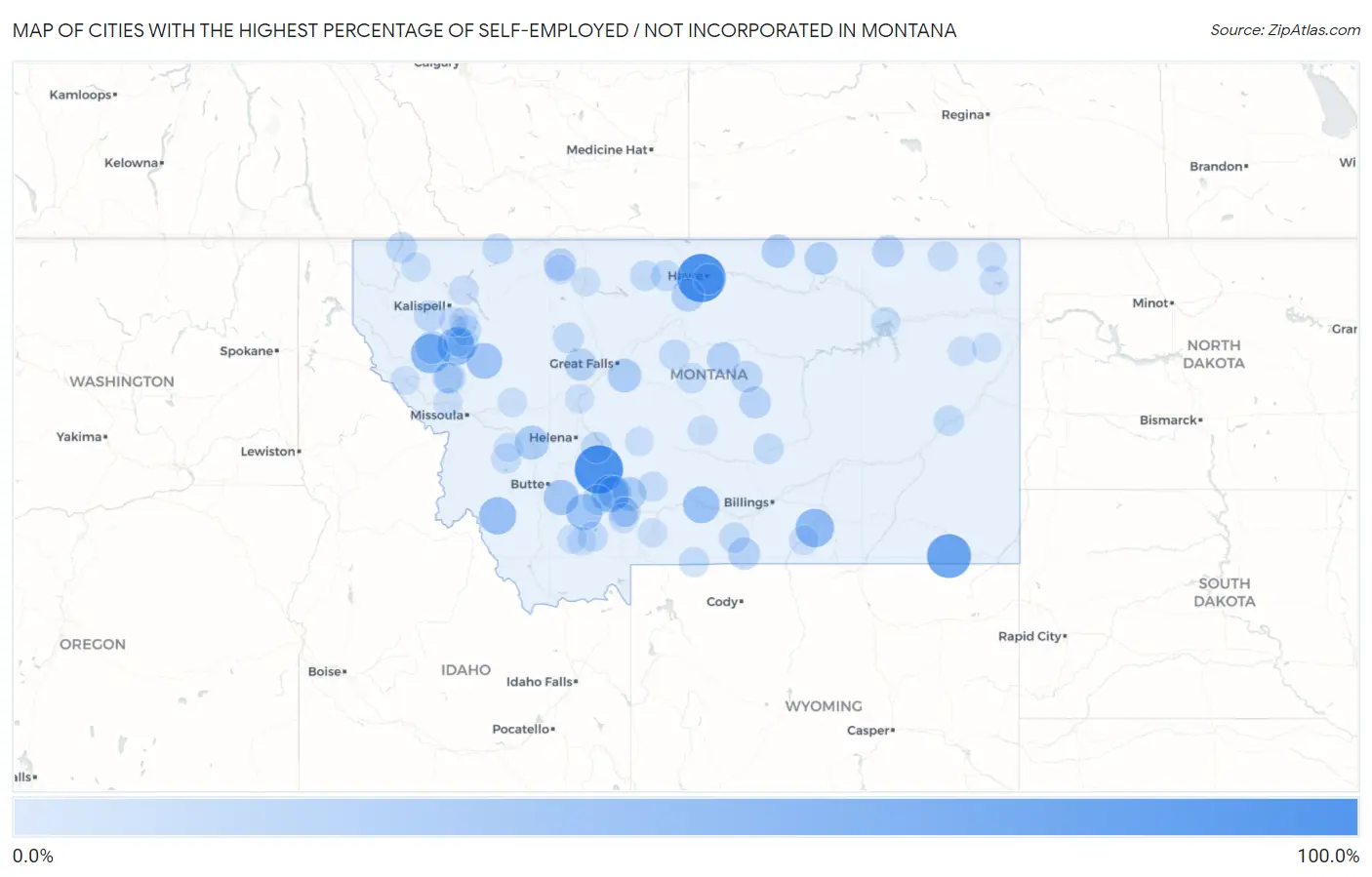 Cities with the Highest Percentage of Self-Employed / Not Incorporated in Montana Map