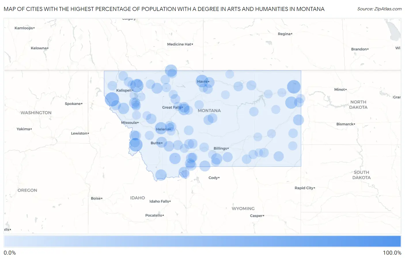 Cities with the Highest Percentage of Population with a Degree in Arts and Humanities in Montana Map