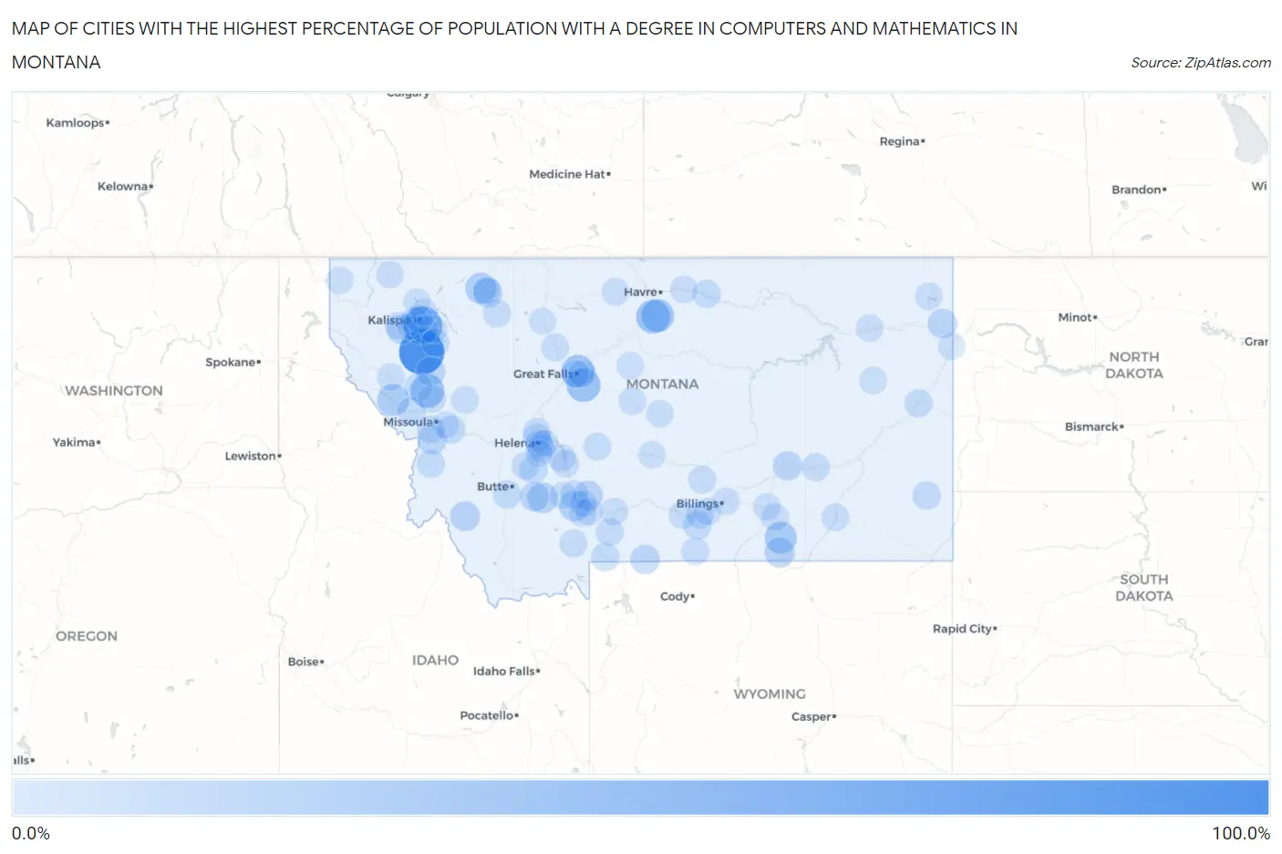 Cities with the Highest Percentage of Population with a Degree in Computers and Mathematics in Montana Map