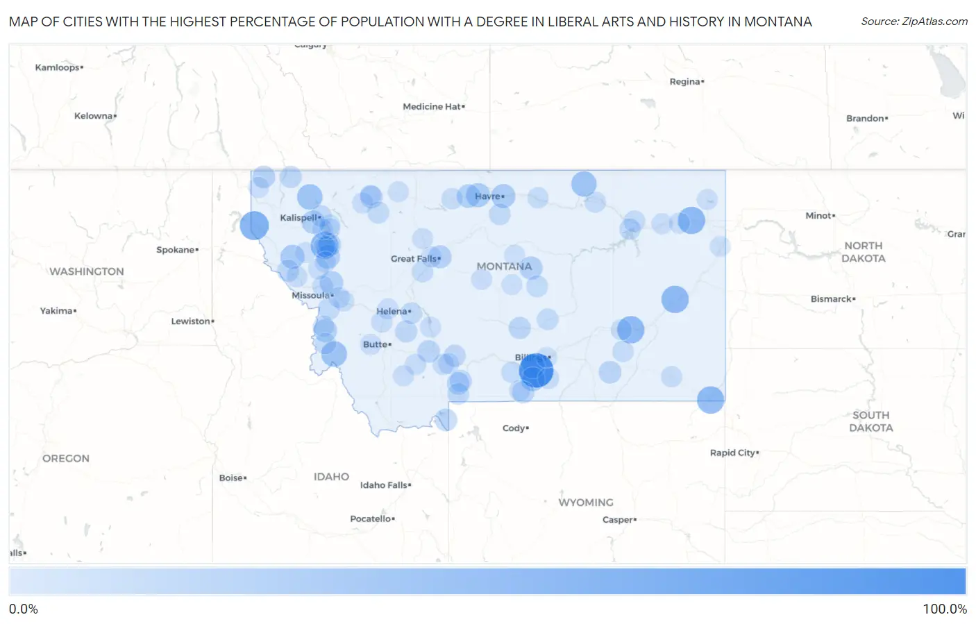 Cities with the Highest Percentage of Population with a Degree in Liberal Arts and History in Montana Map