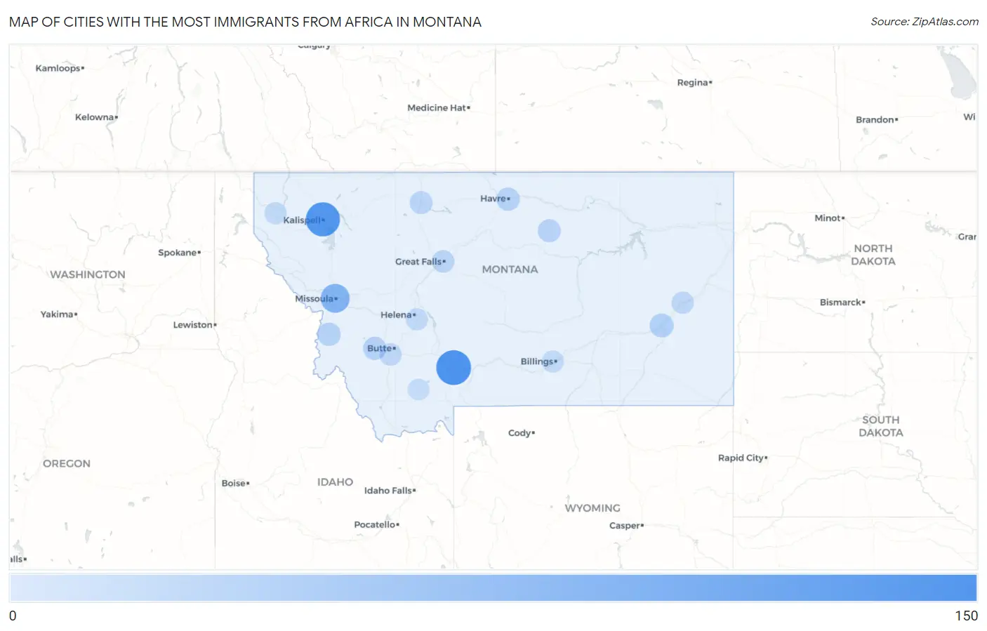 Cities with the Most Immigrants from Africa in Montana Map