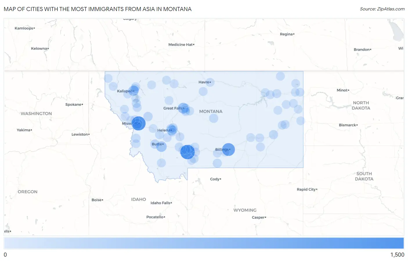 Cities with the Most Immigrants from Asia in Montana Map