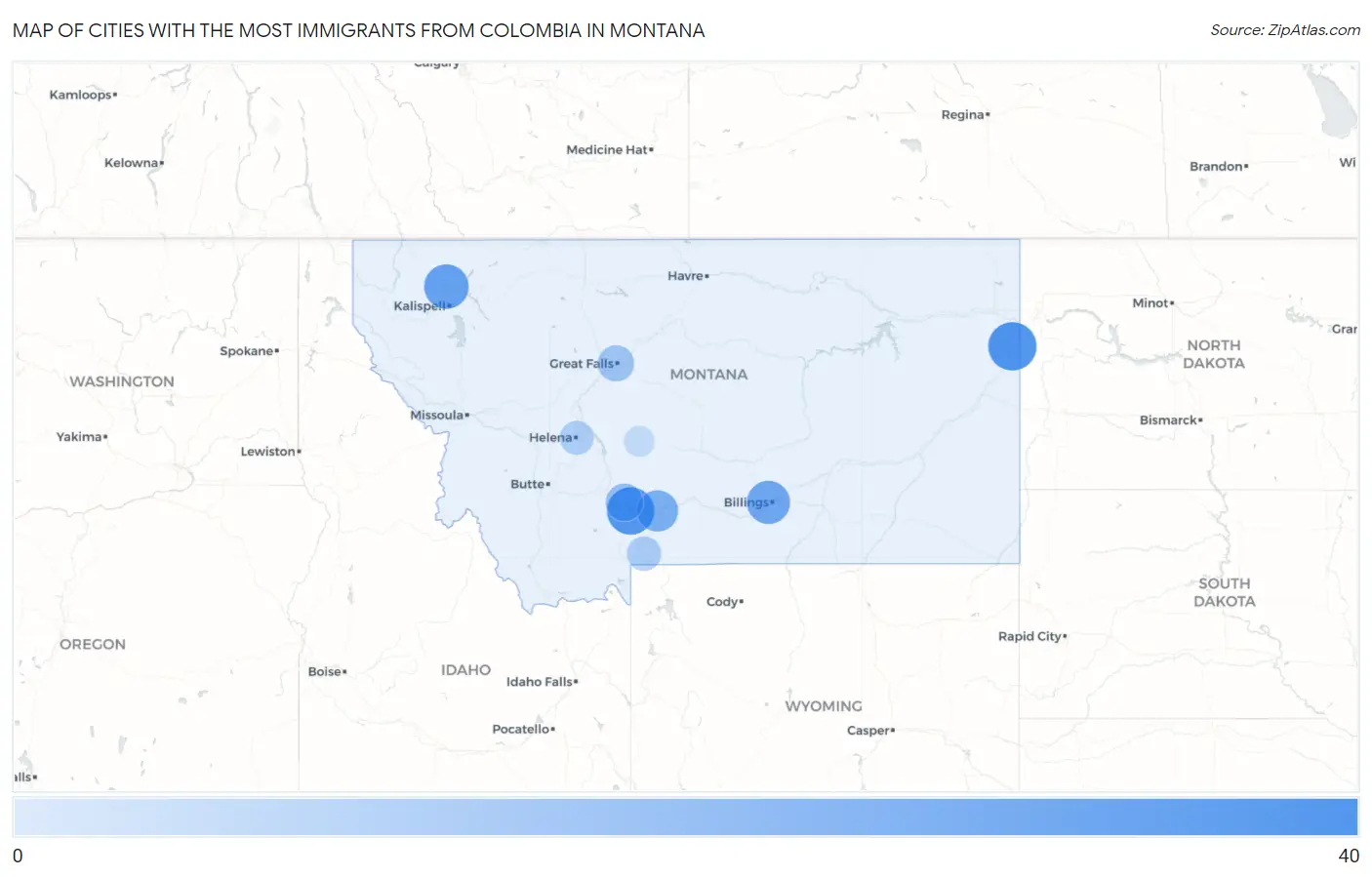Cities with the Most Immigrants from Colombia in Montana Map