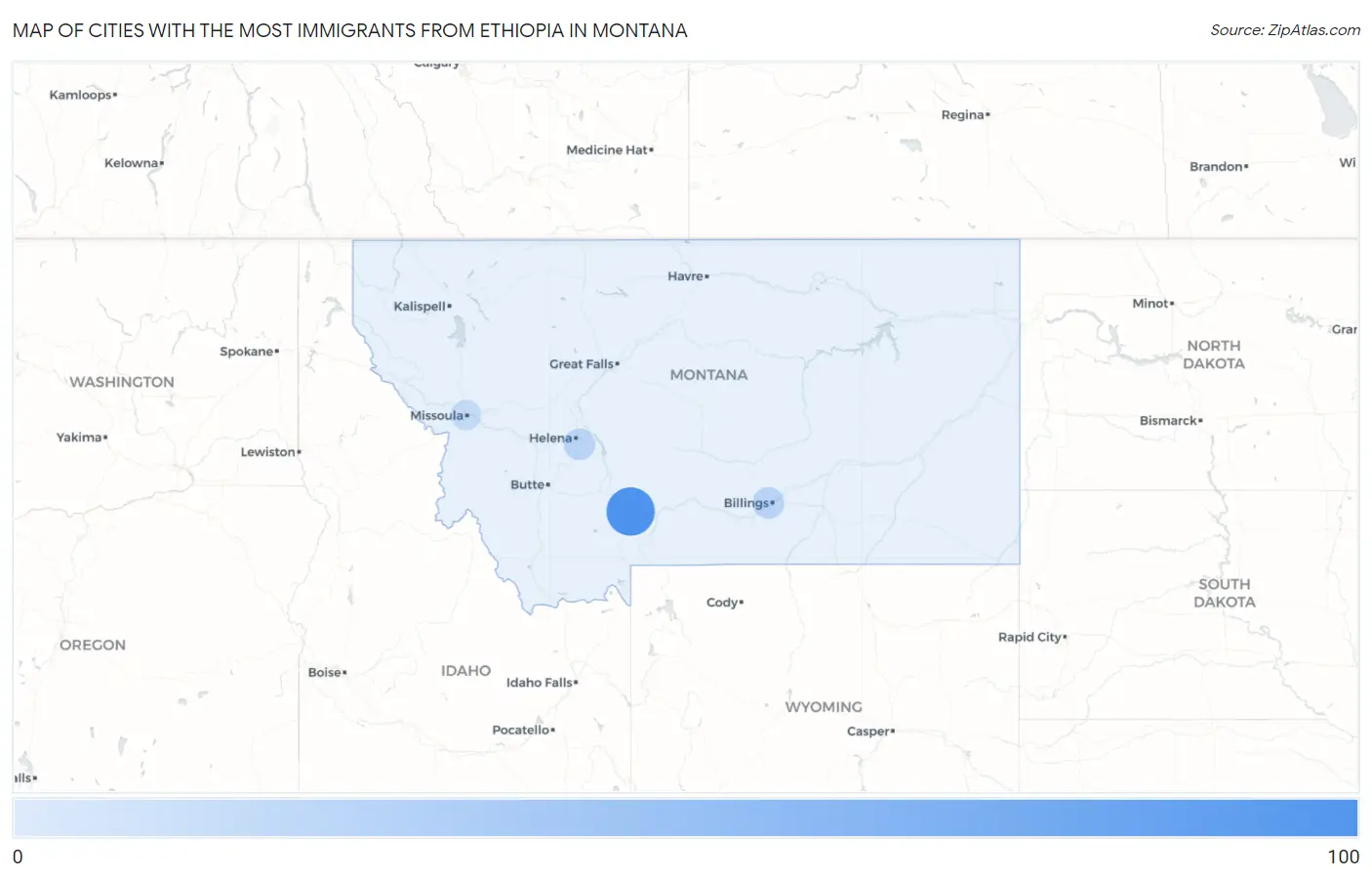 Cities with the Most Immigrants from Ethiopia in Montana Map