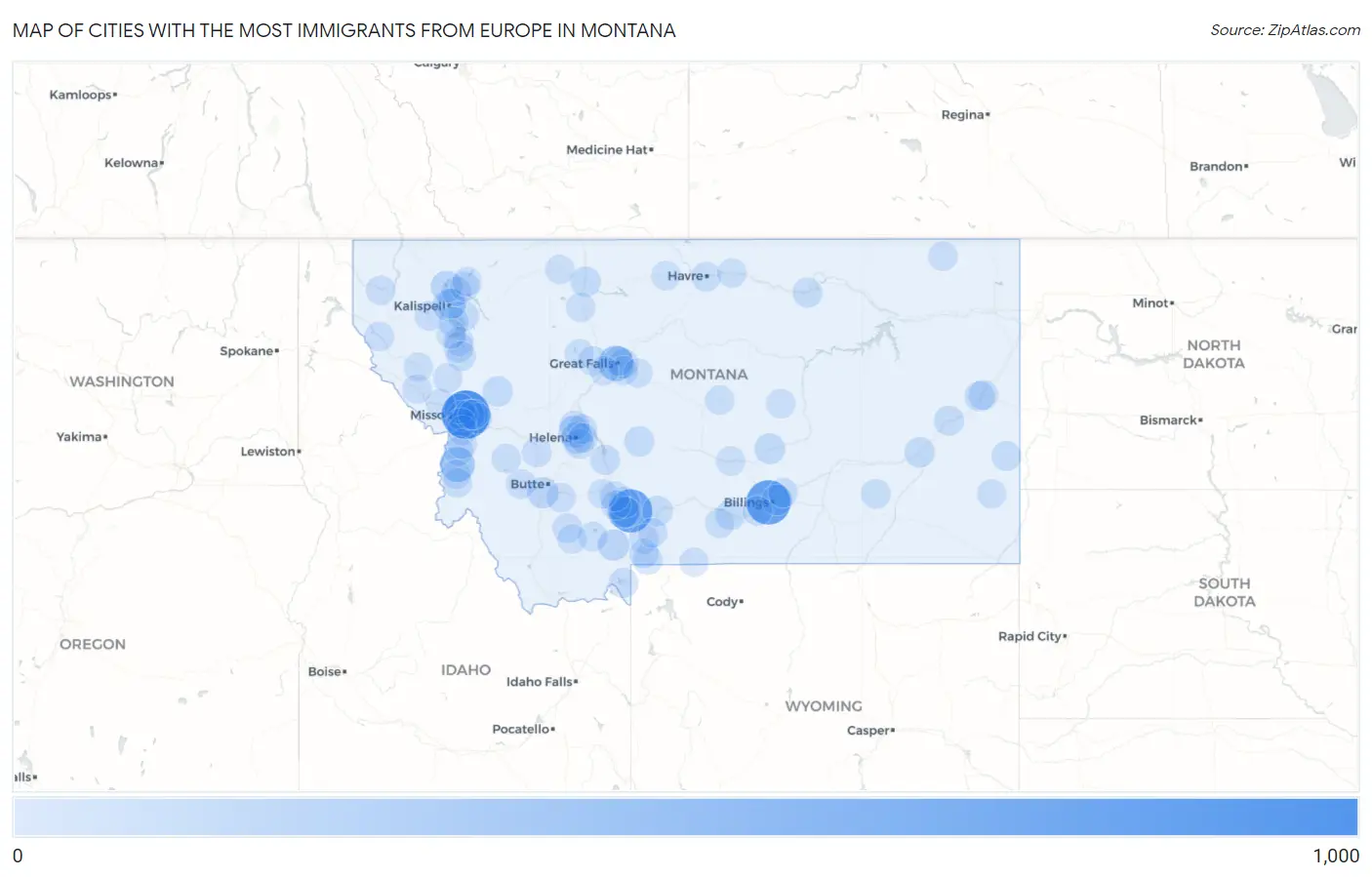 Cities with the Most Immigrants from Europe in Montana Map
