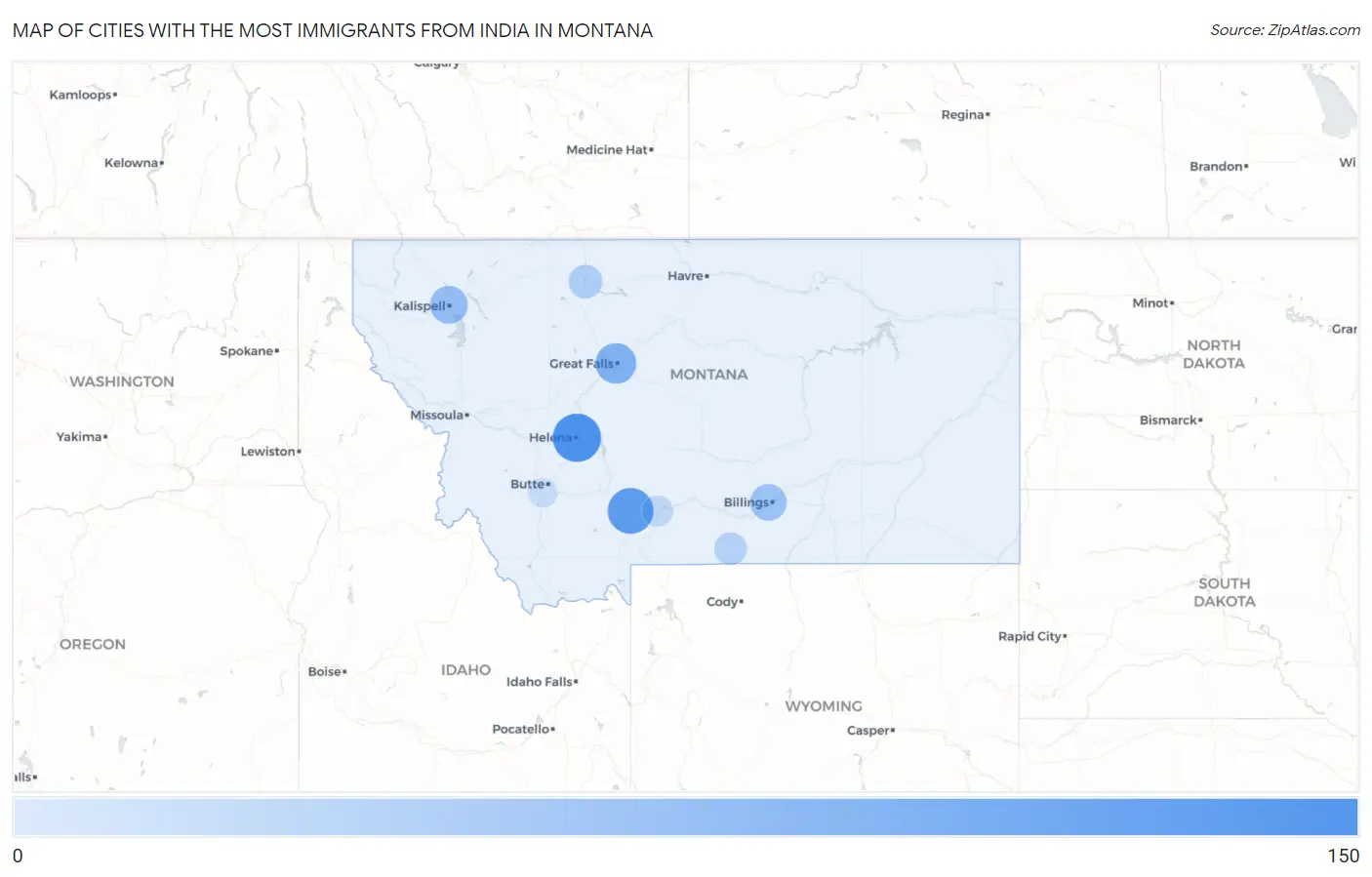 Cities with the Most Immigrants from India in Montana Map