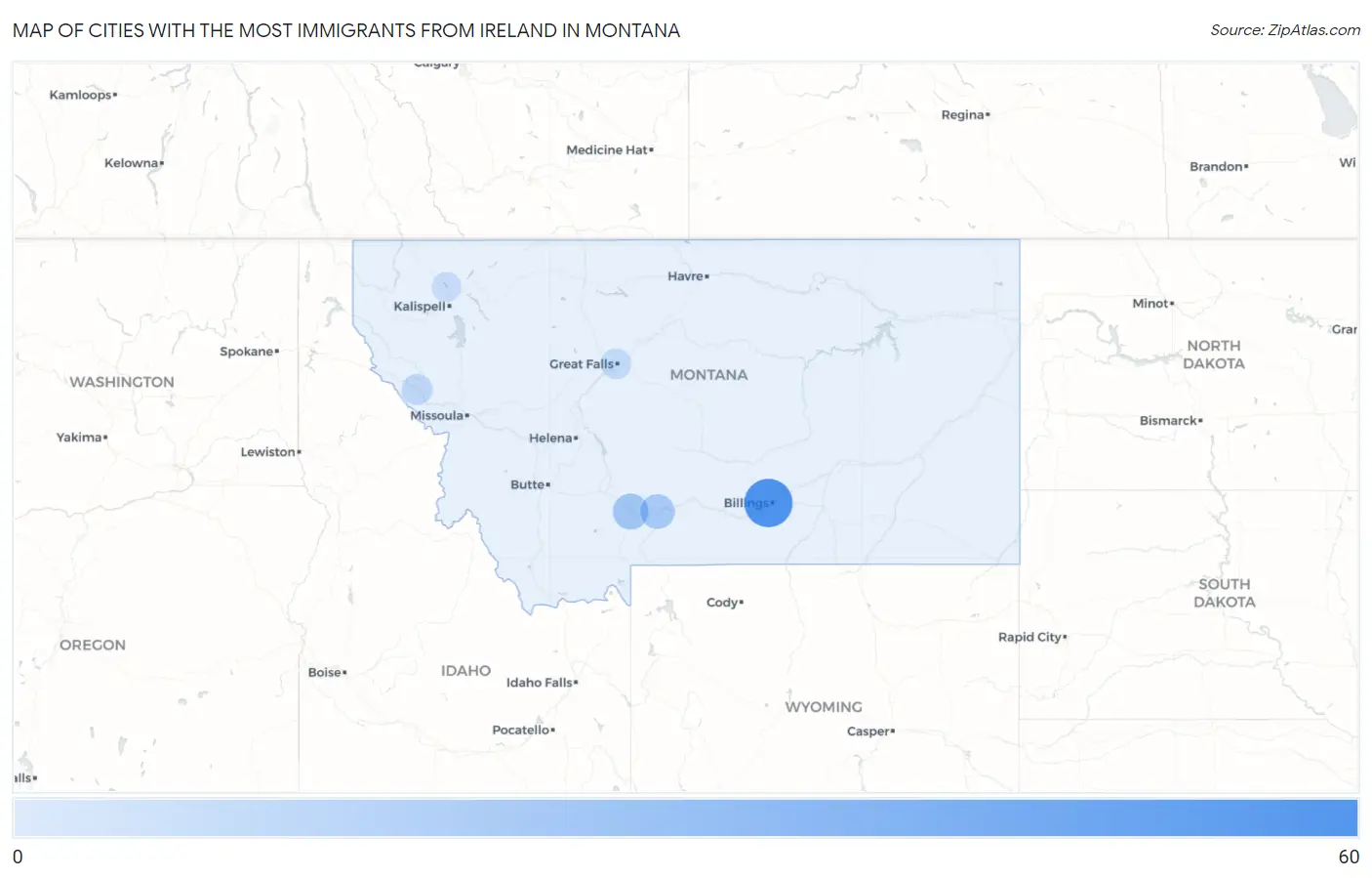 Cities with the Most Immigrants from Ireland in Montana Map