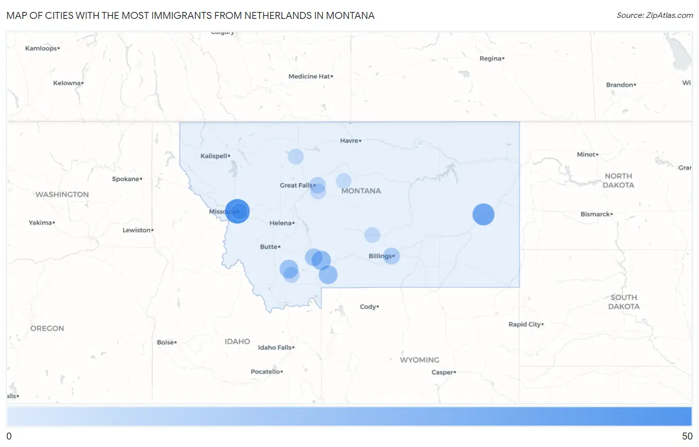 Cities with the Most Immigrants from Netherlands in Montana Map