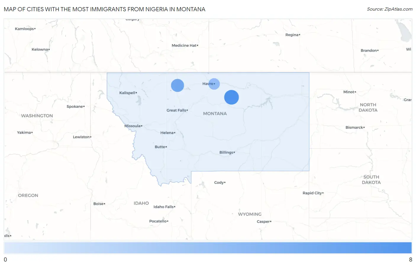 Cities with the Most Immigrants from Nigeria in Montana Map