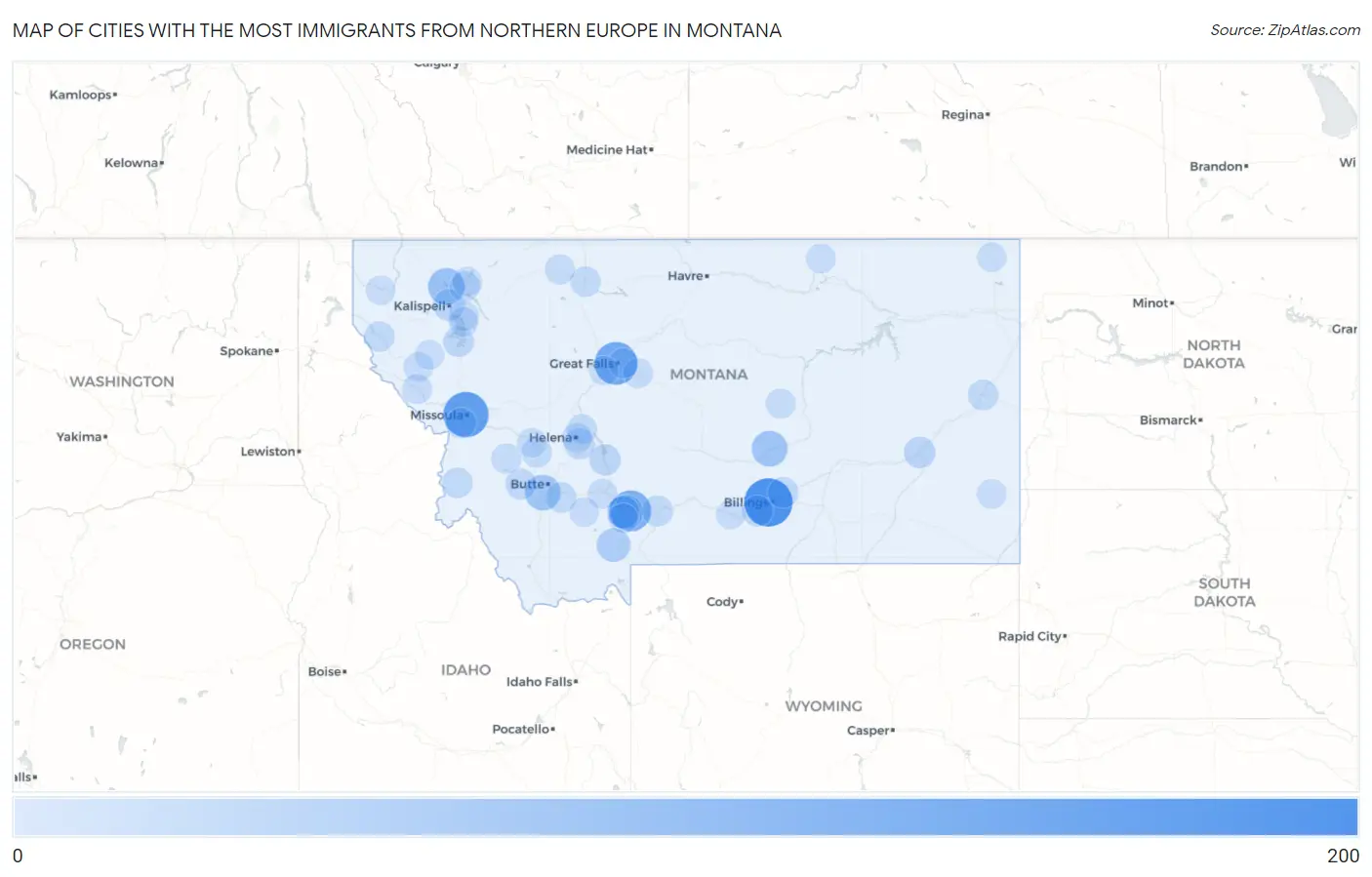 Cities with the Most Immigrants from Northern Europe in Montana Map