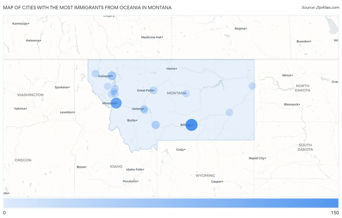 Cities with the Most Immigrants from Oceania in Montana Map