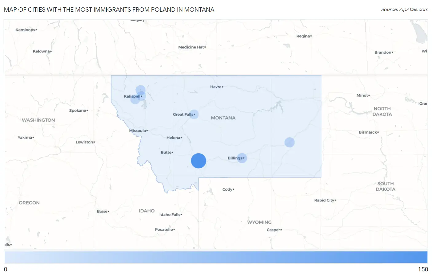 Cities with the Most Immigrants from Poland in Montana Map