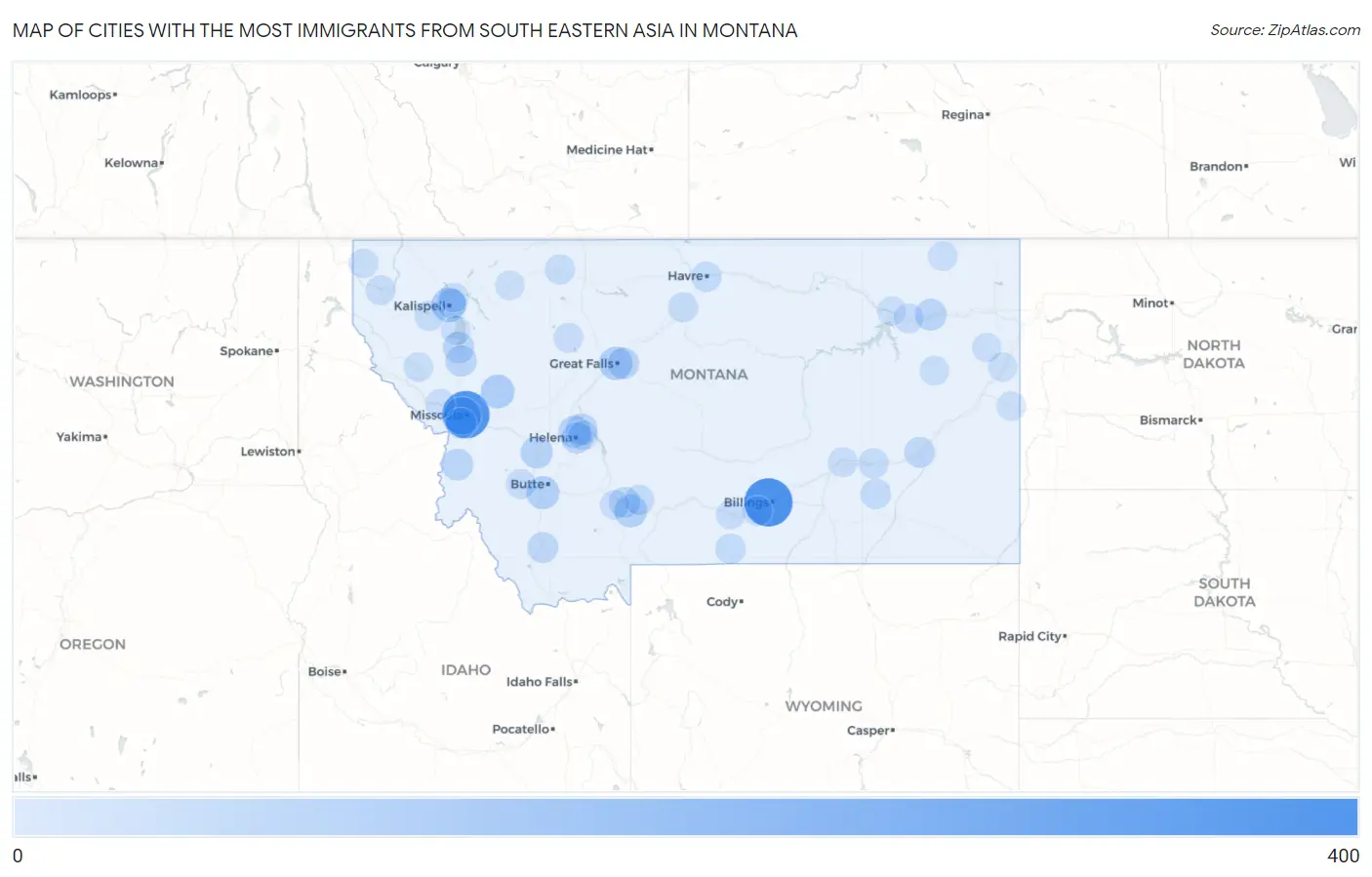 Cities with the Most Immigrants from South Eastern Asia in Montana Map