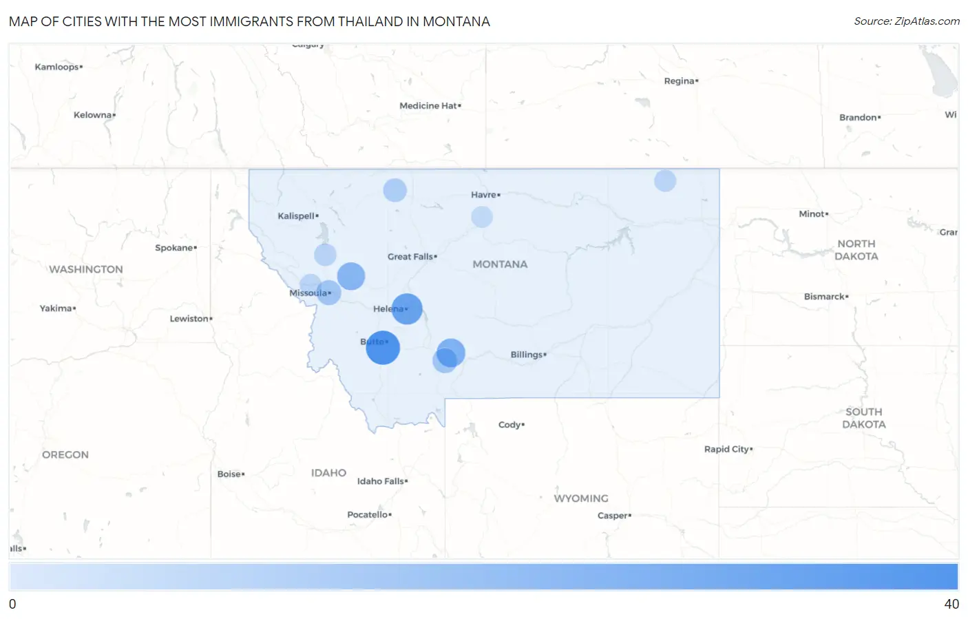 Cities with the Most Immigrants from Thailand in Montana Map