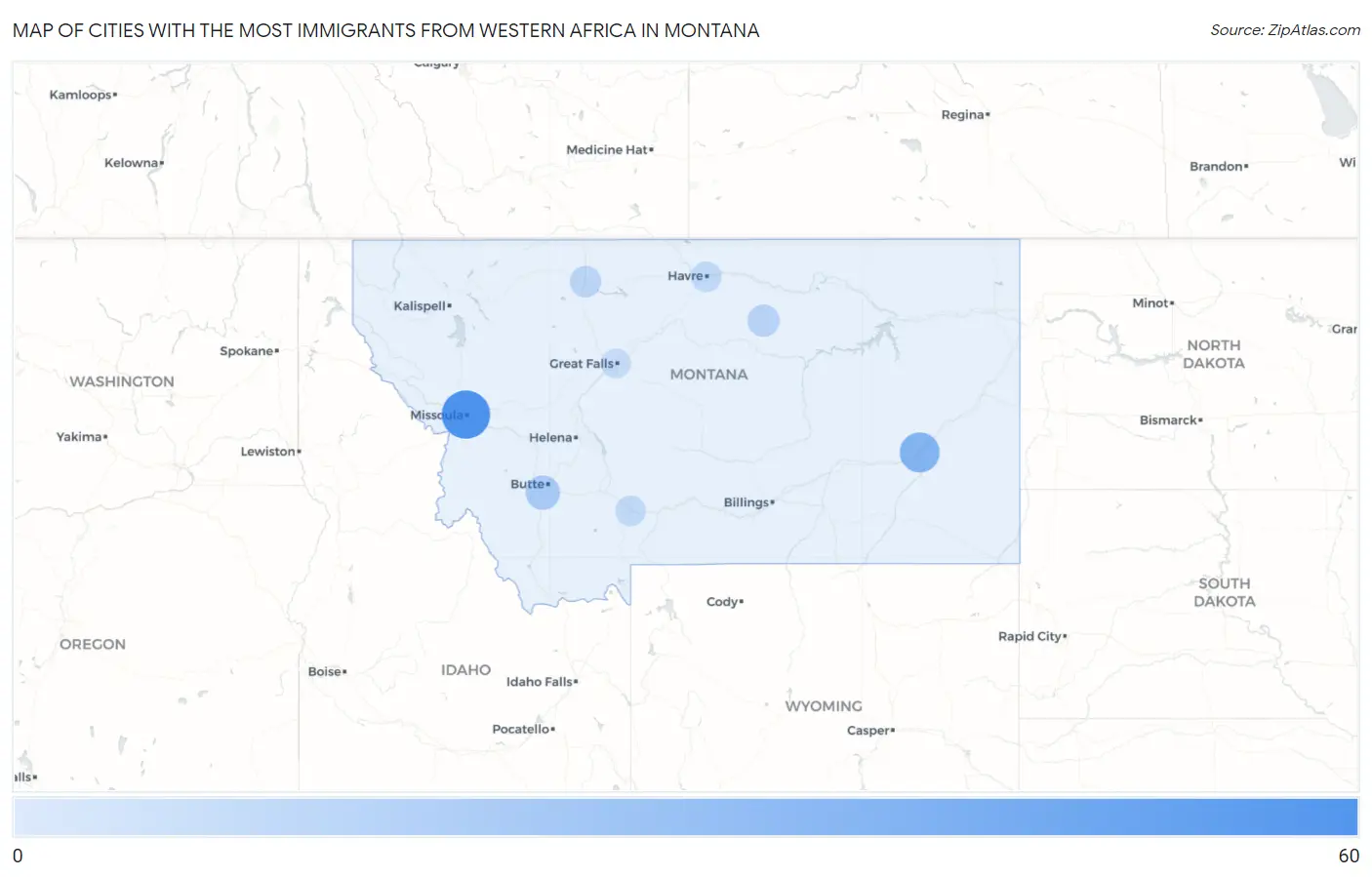 Cities with the Most Immigrants from Western Africa in Montana Map