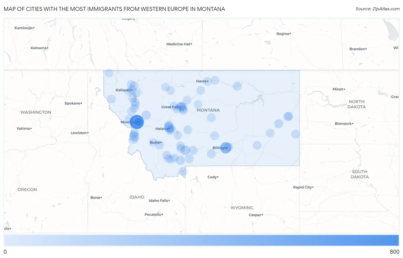 Cities with the Most Immigrants from Western Europe in Montana Map