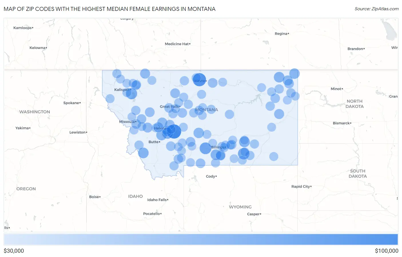 Zip Codes with the Highest Median Female Earnings in Montana Map