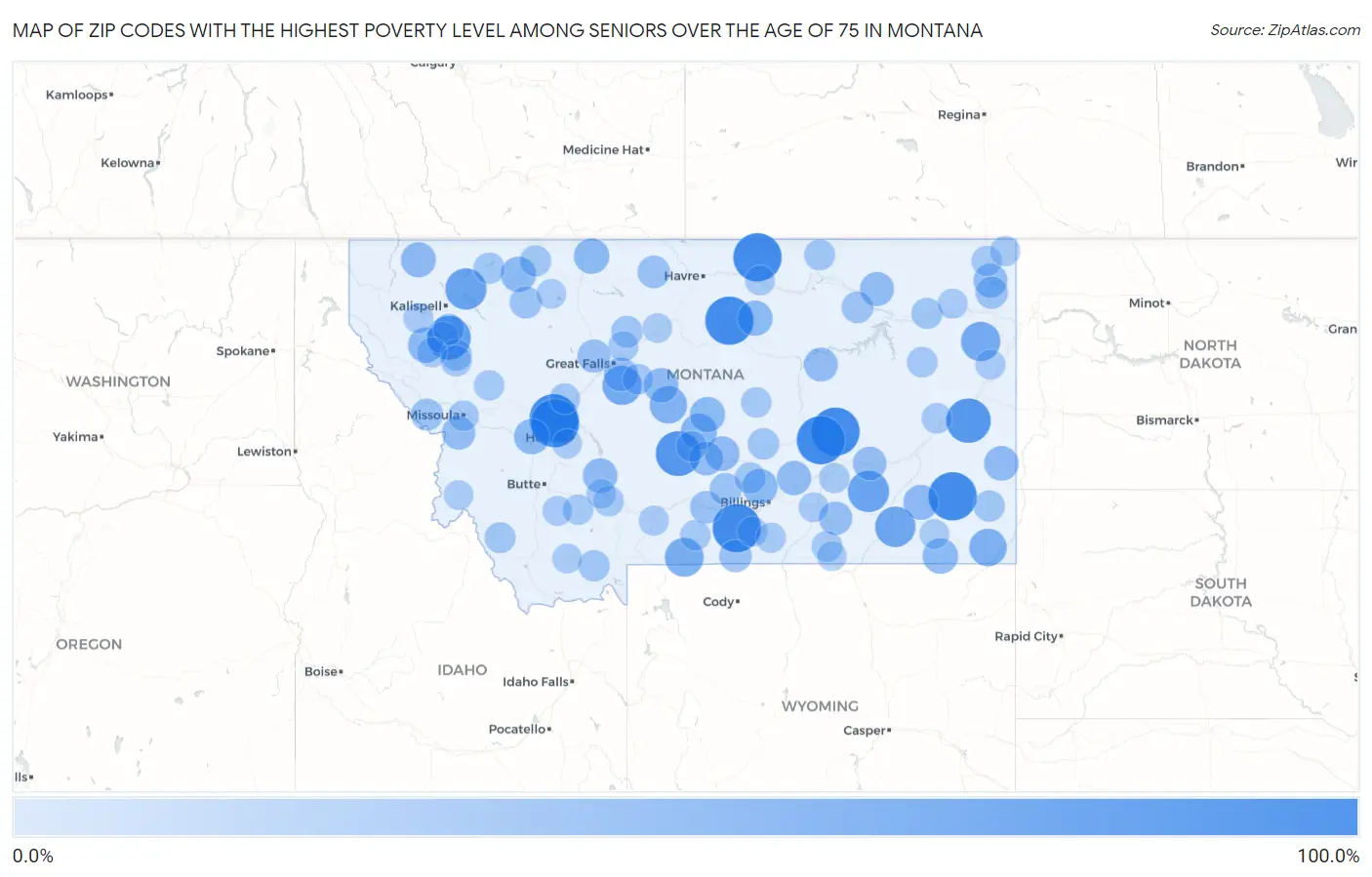 Zip Codes with the Highest Poverty Level Among Seniors Over the Age of 75 in Montana Map