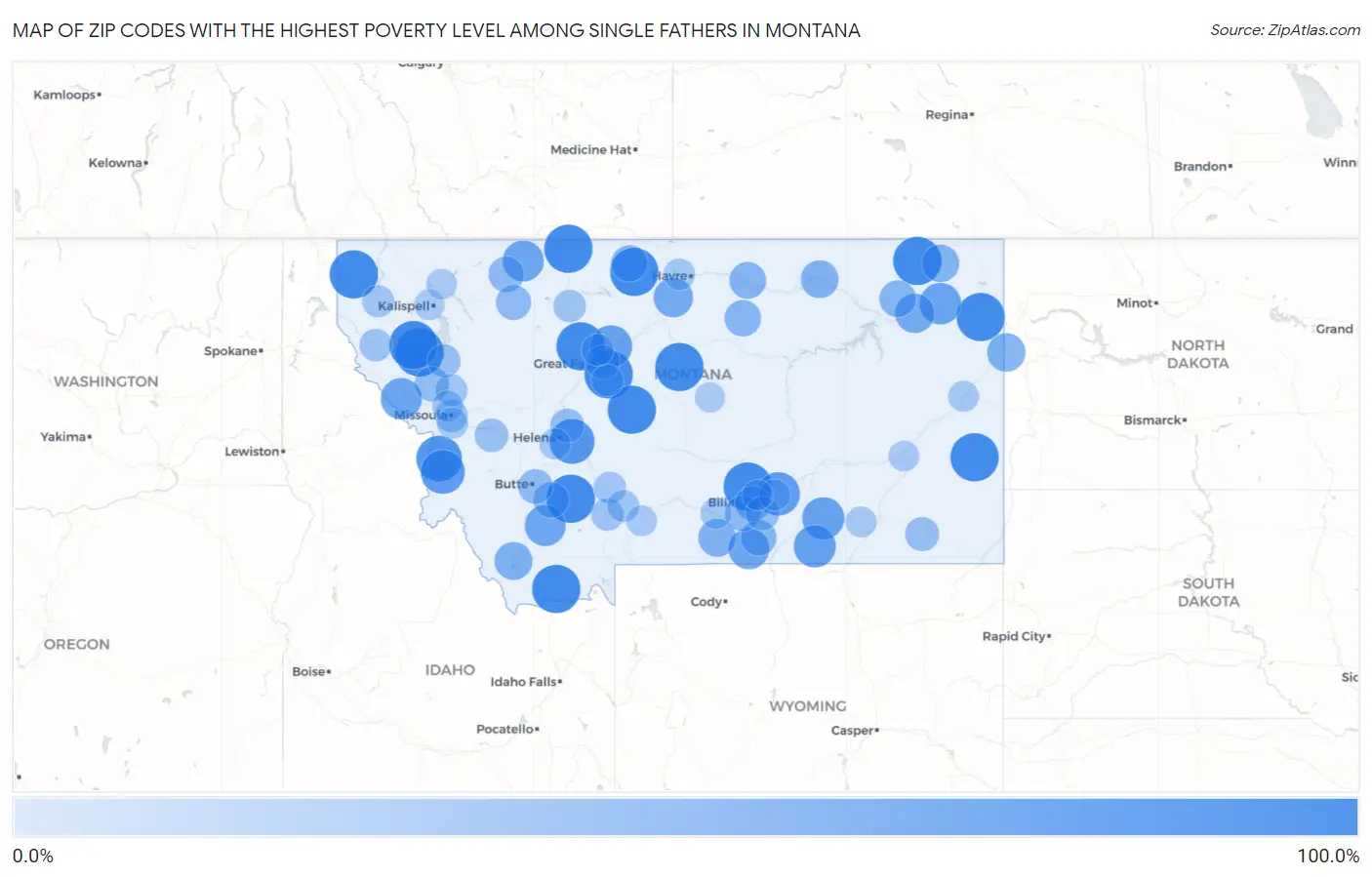 Zip Codes with the Highest Poverty Level Among Single Fathers in Montana Map