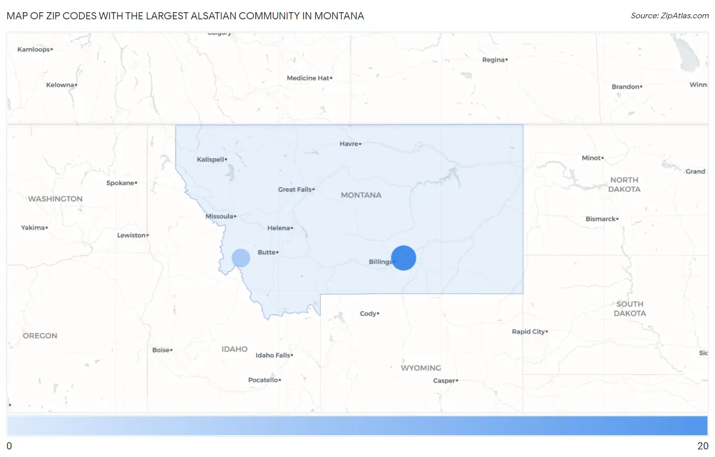 Zip Codes with the Largest Alsatian Community in Montana Map