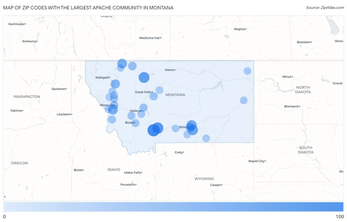 Zip Codes with the Largest Apache Community in Montana Map