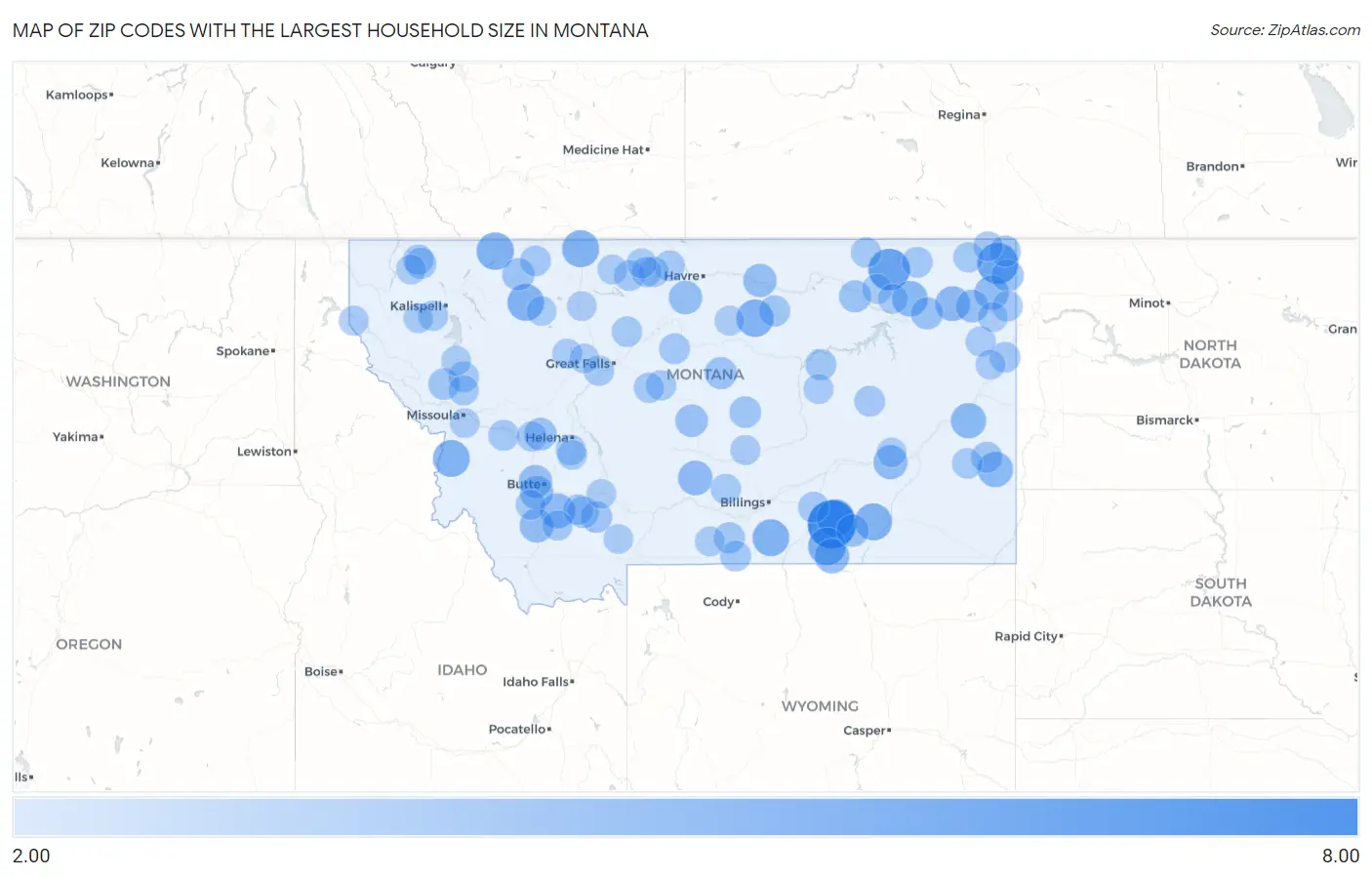 Zip Codes with the Largest Household Size in Montana Map