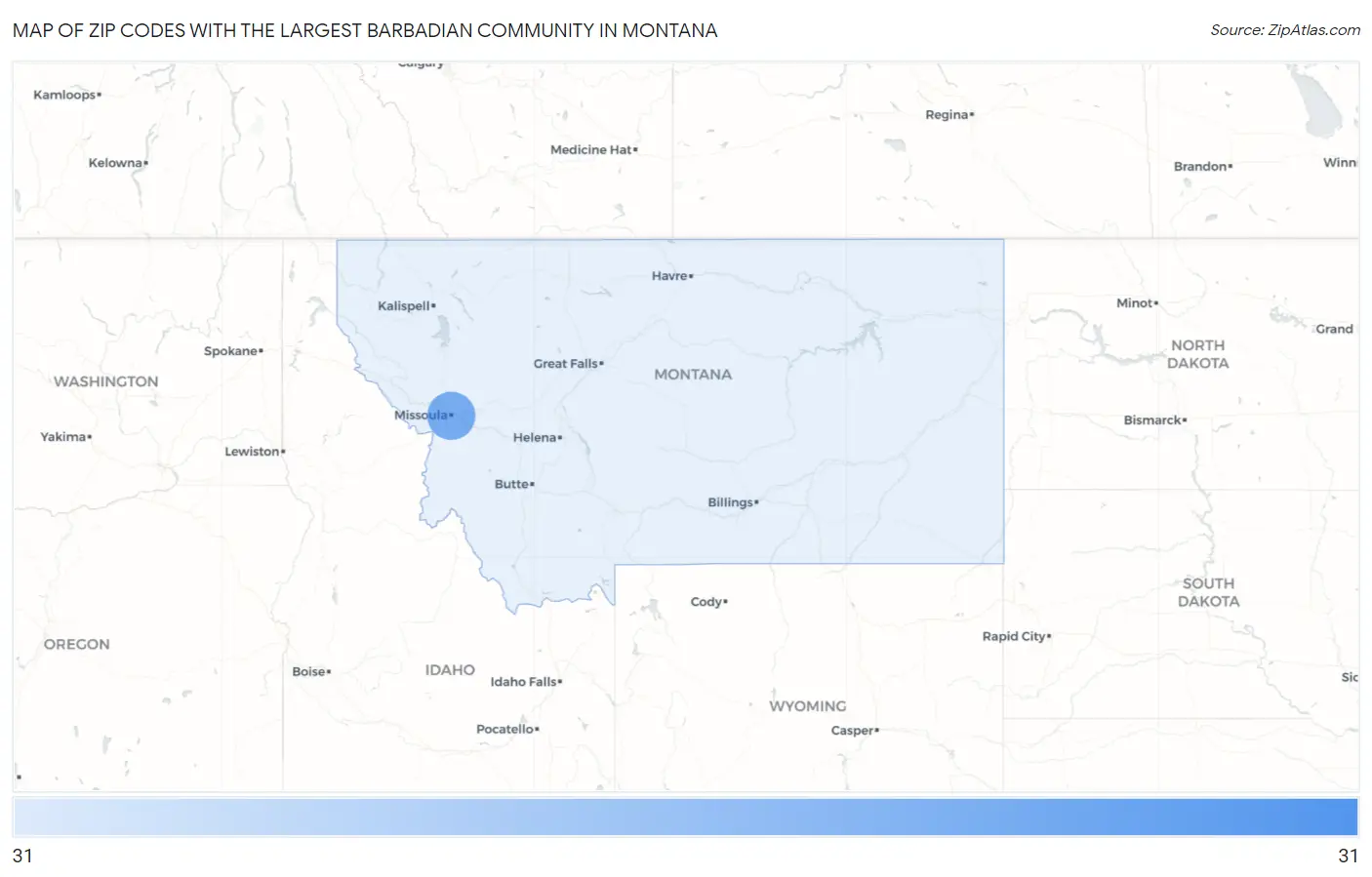 Zip Codes with the Largest Barbadian Community in Montana Map
