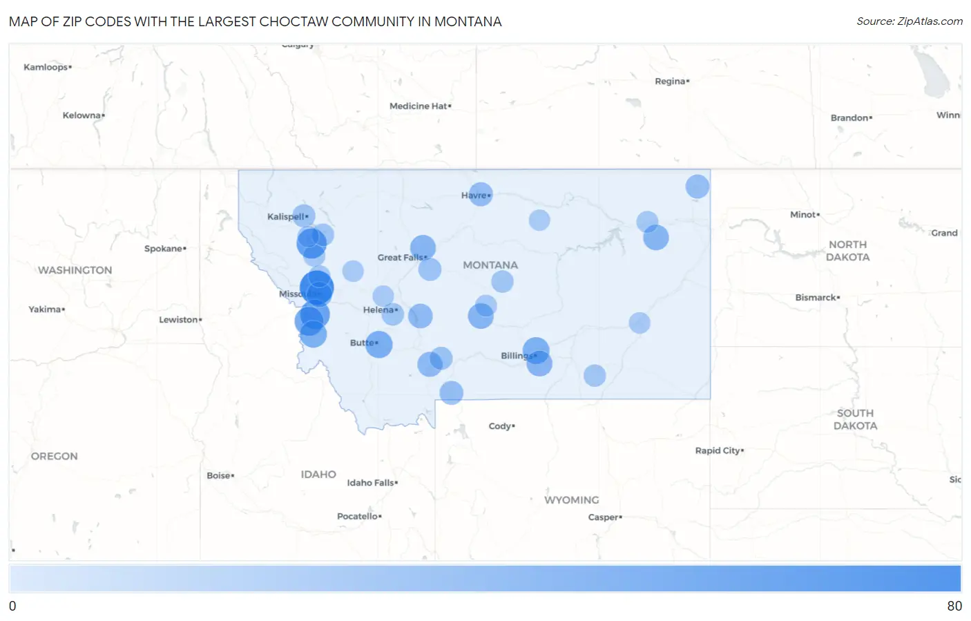 Zip Codes with the Largest Choctaw Community in Montana Map