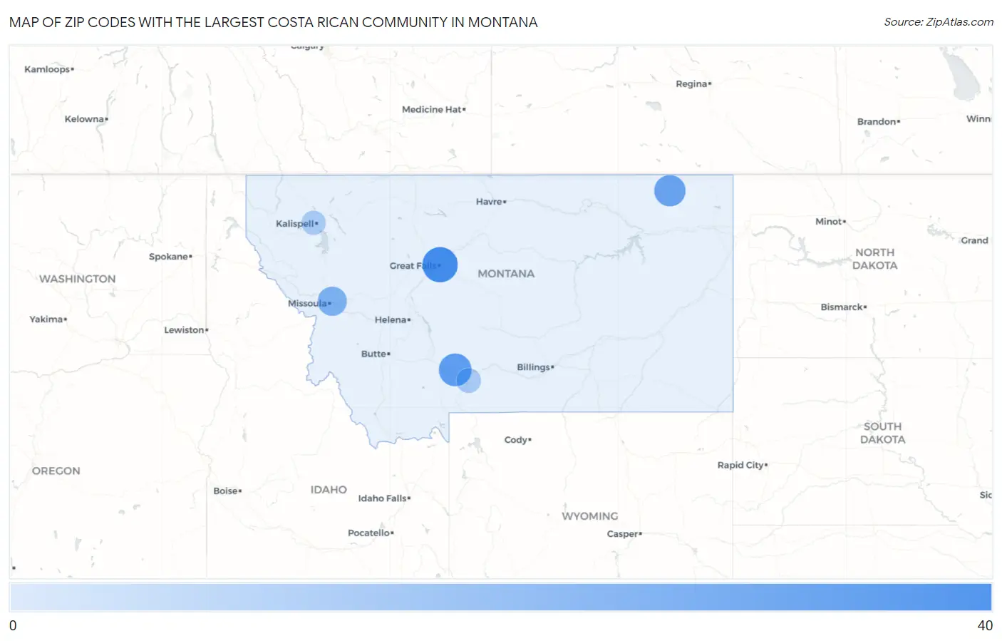 Zip Codes with the Largest Costa Rican Community in Montana Map
