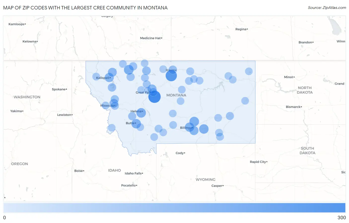 Zip Codes with the Largest Cree Community in Montana Map