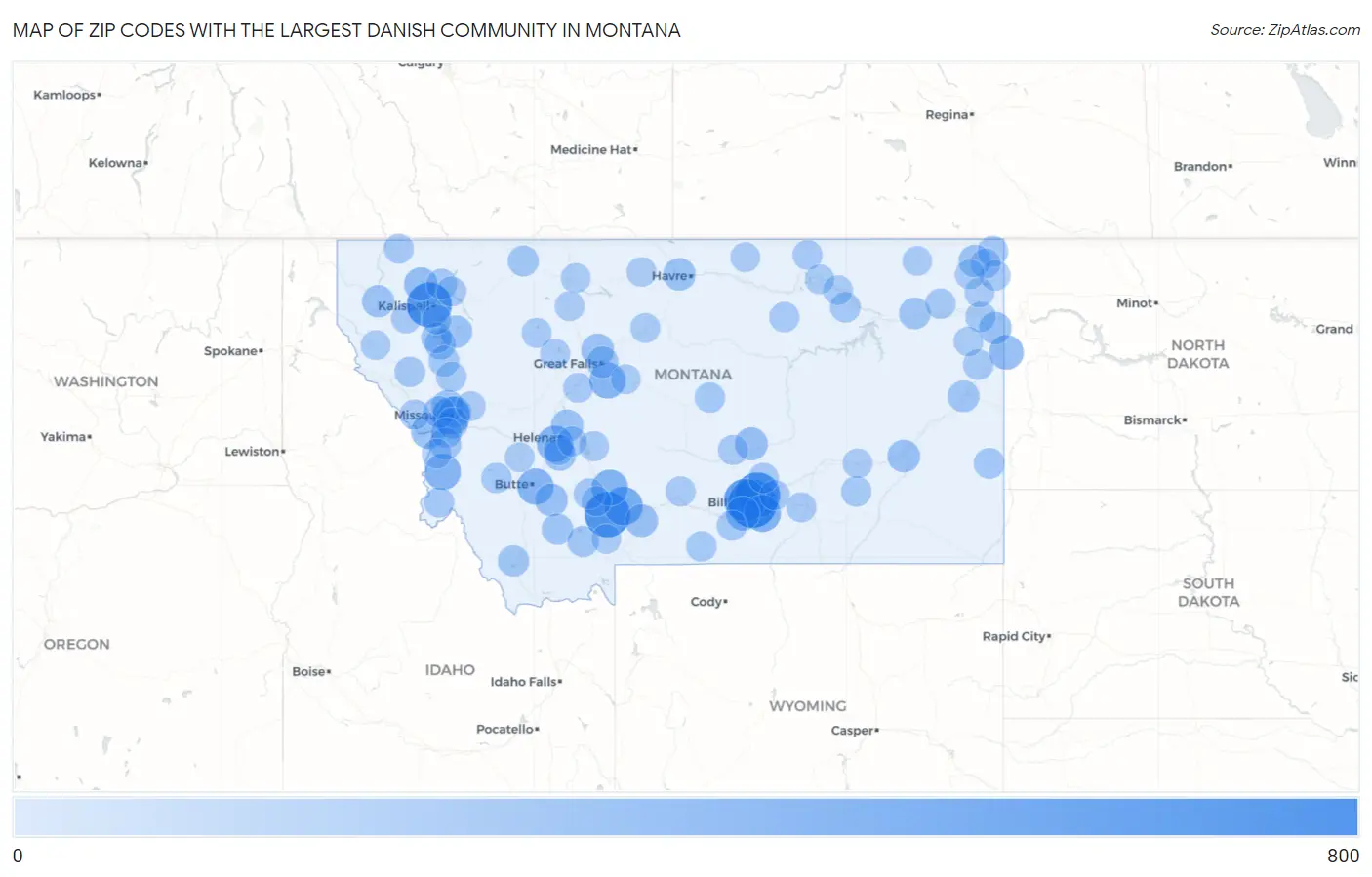 Zip Codes with the Largest Danish Community in Montana Map