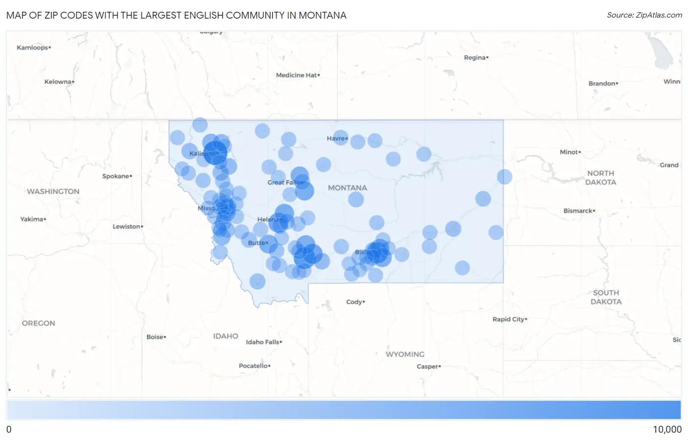 Zip Codes with the Largest English Community in Montana Map