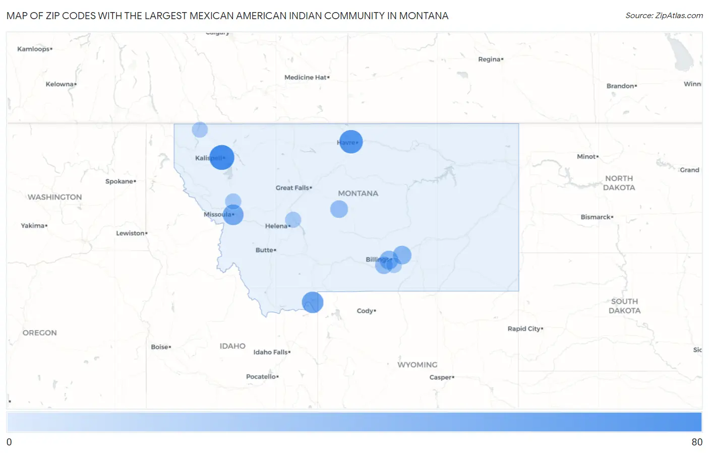 Zip Codes with the Largest Mexican American Indian Community in Montana Map