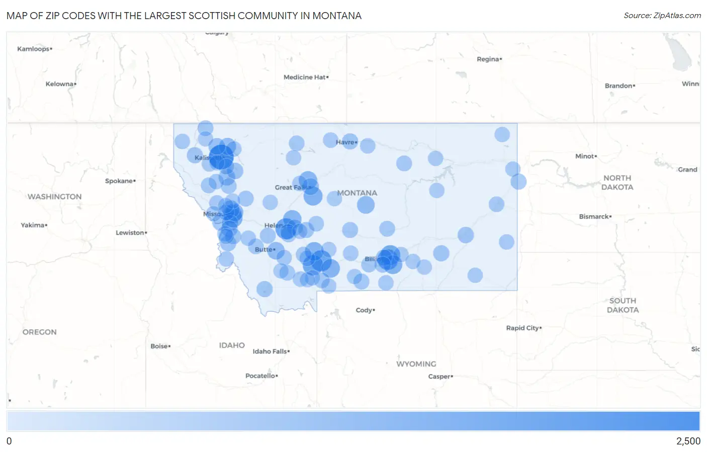 Zip Codes with the Largest Scottish Community in Montana Map