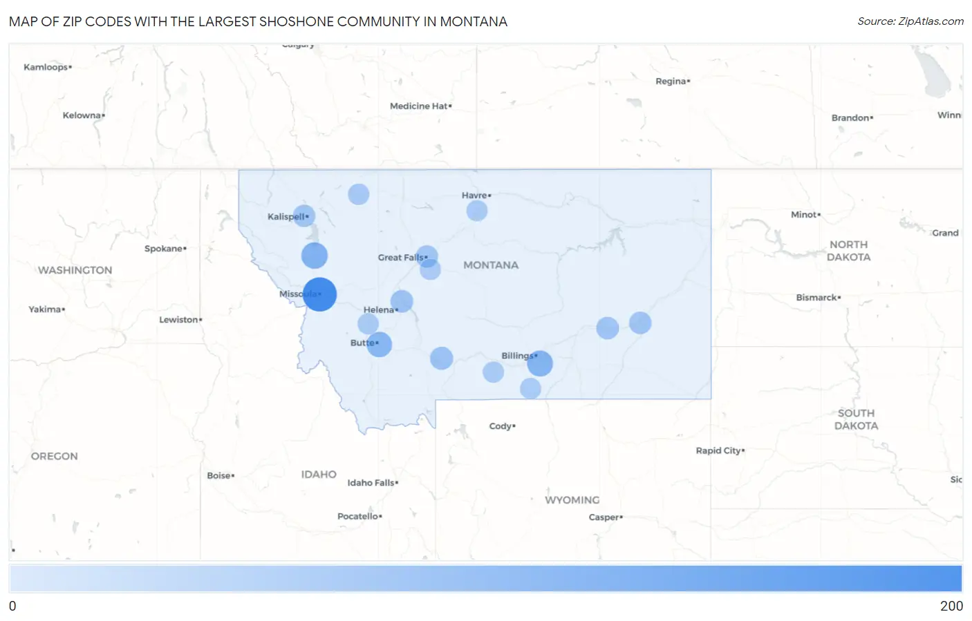 Zip Codes with the Largest Shoshone Community in Montana Map